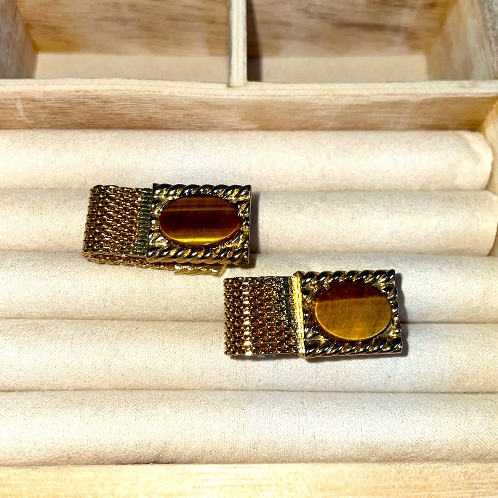 Vintage Genuine Tigers Eye Gemstone Cuff Links. - Picture 6 of 8